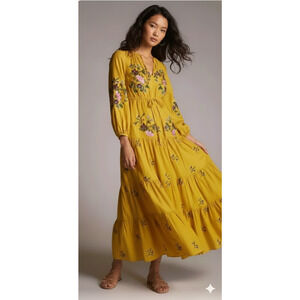 ANTHROPOLOGIE x SAMANT CHAUHAN Embroidered V-Neck Maxi Dress Yellow Sz S
